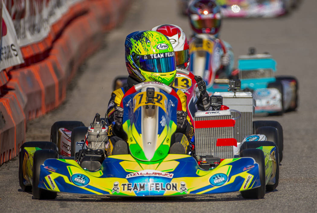X30 Junior racer Connor Zilisch leads the pack down the straightaway during the SKUSA SuperNati ...