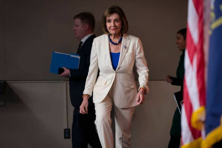 Speaker of the House Nancy Pelosi, D-Calif., arrives to talk to reporters as the House Intellig ...