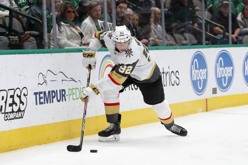 Vegas Golden Knights left wing Tomas Nosek (92) handles the puck in the second period of an NHL ...