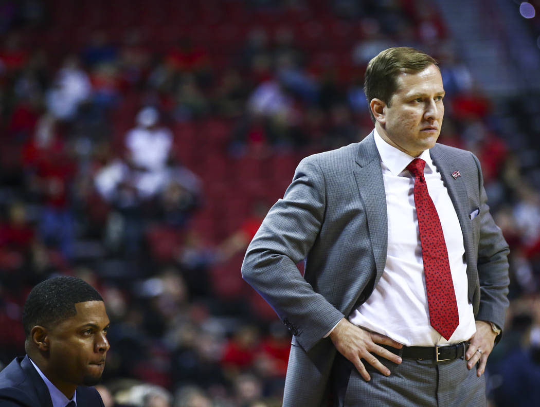 UNLV head coach T.J. Otzelberger looks on during the second half of a basketball game against S ...