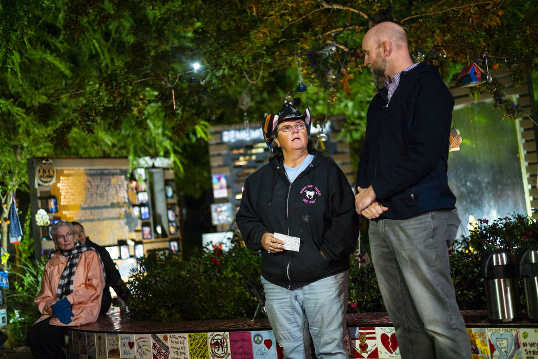 Oct. 1 survivor Sue Ann Cornwell, center, speaks alongside Aaron Leifheit, program director for ...