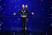 Howie Mandel, left, and Sam Wills as Tape Face on "America's Got Talent." (Vivian Zink/NBC)