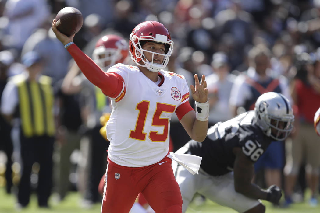 Kansas City Chiefs quarterback Patrick Mahomes during the second half of an NFL football game a ...
