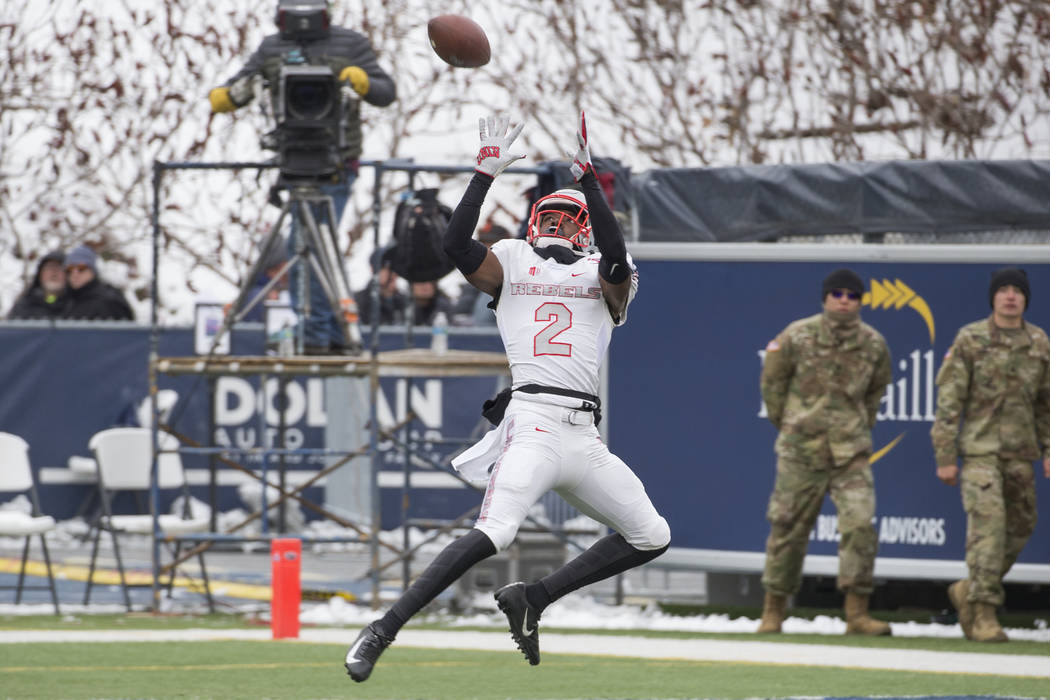 UNLV wide receiver Mekhi Stevenson (2) makes a catch in the end zone for a touchdown against Ne ...