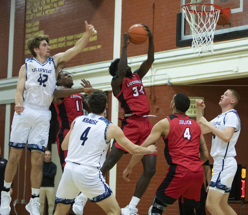 Louisiana's forward Dou Gueye (34) attempts a basket during the game against UC-Irvine on Tuesd ...