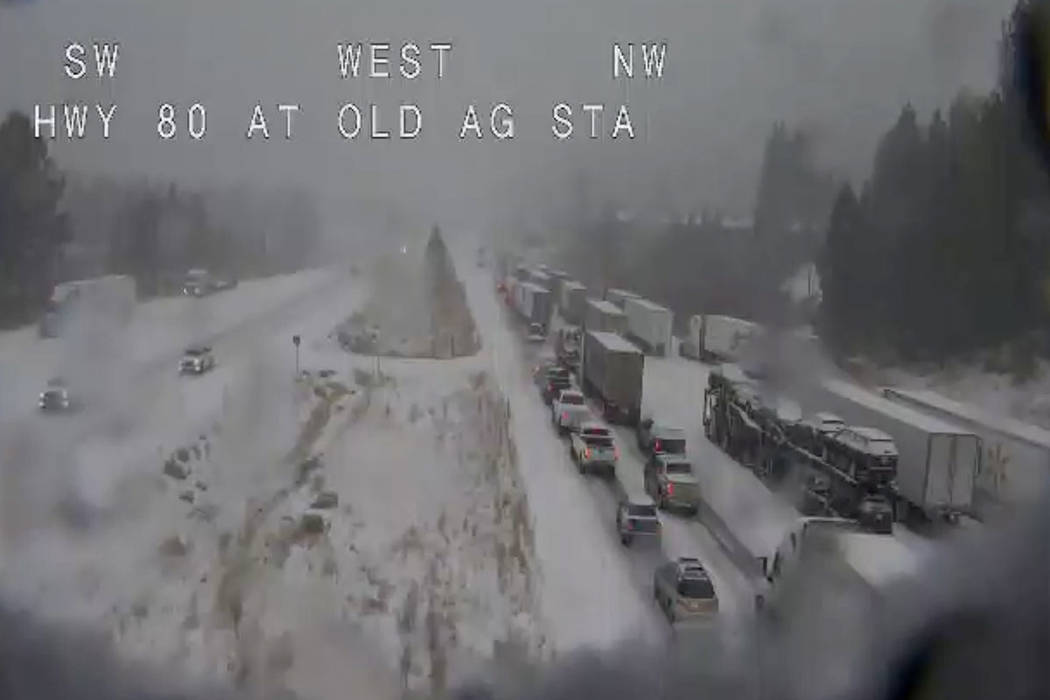 In this still image taken from a Caltrans remote video traffic camera, traffic is stopped along ...