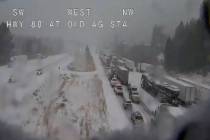 In this still image taken from a Caltrans remote video traffic camera, traffic is stopped along ...