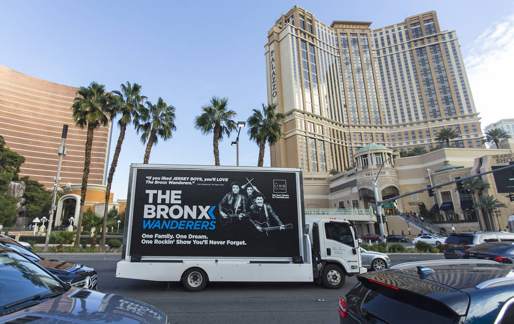 A mobile billboard truck drives on the Strip at on Saturday, Nov. 30, 2019, in Las Vegas. (Benj ...