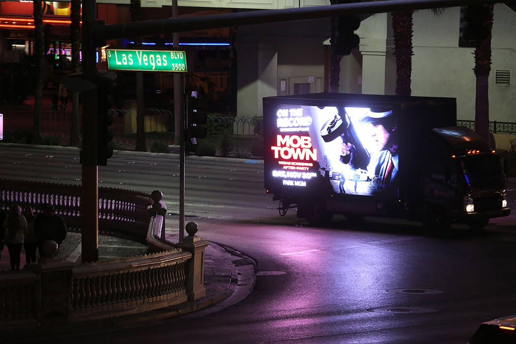A mobile billboard on the Strip near Flamingo Road in Las Vegas, Monday, Nov. 25, 2019. (Erik V ...