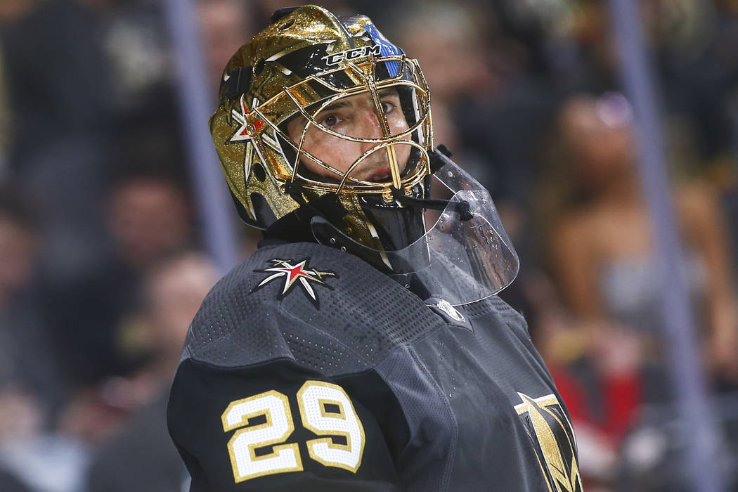 Golden Knights goaltender Marc-Andre Fleury (29) looks on during the second period of an NHL ho ...