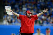 Kansas City Chiefs head coach Andy Reid gestures during the first half of an NFL football game ...