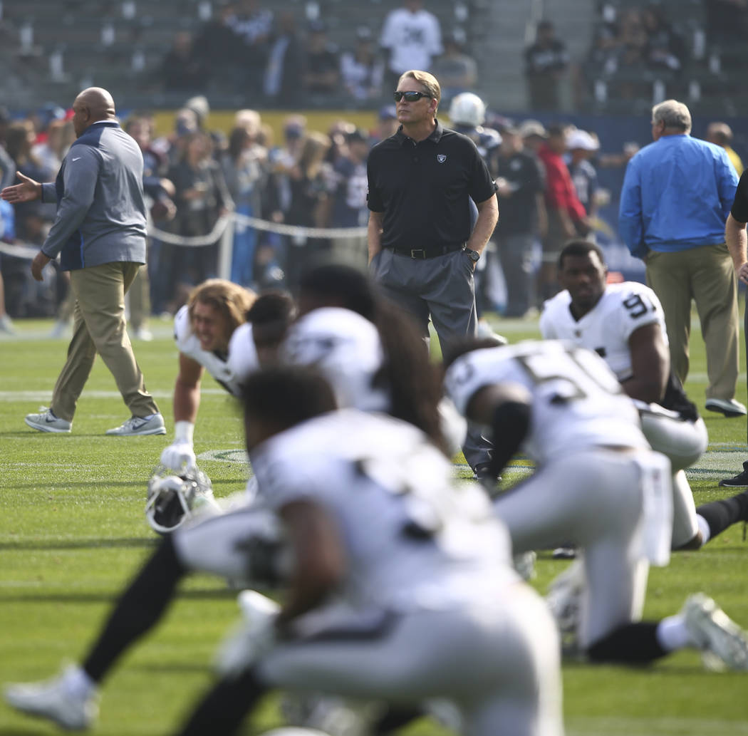 Oakland Raiders head coach Jack Del Rio watches as his team warms up before playing the Los Ang ...