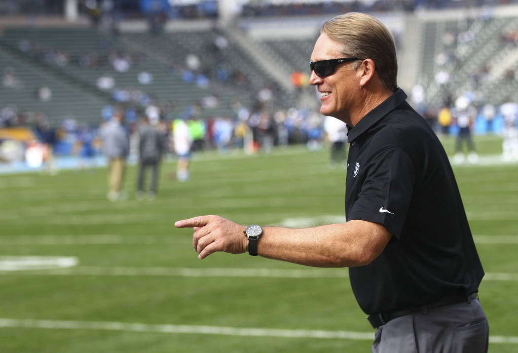 Oakland Raiders head coach Jack Del Rio before his team plays the Los Angeles Chargers during a ...