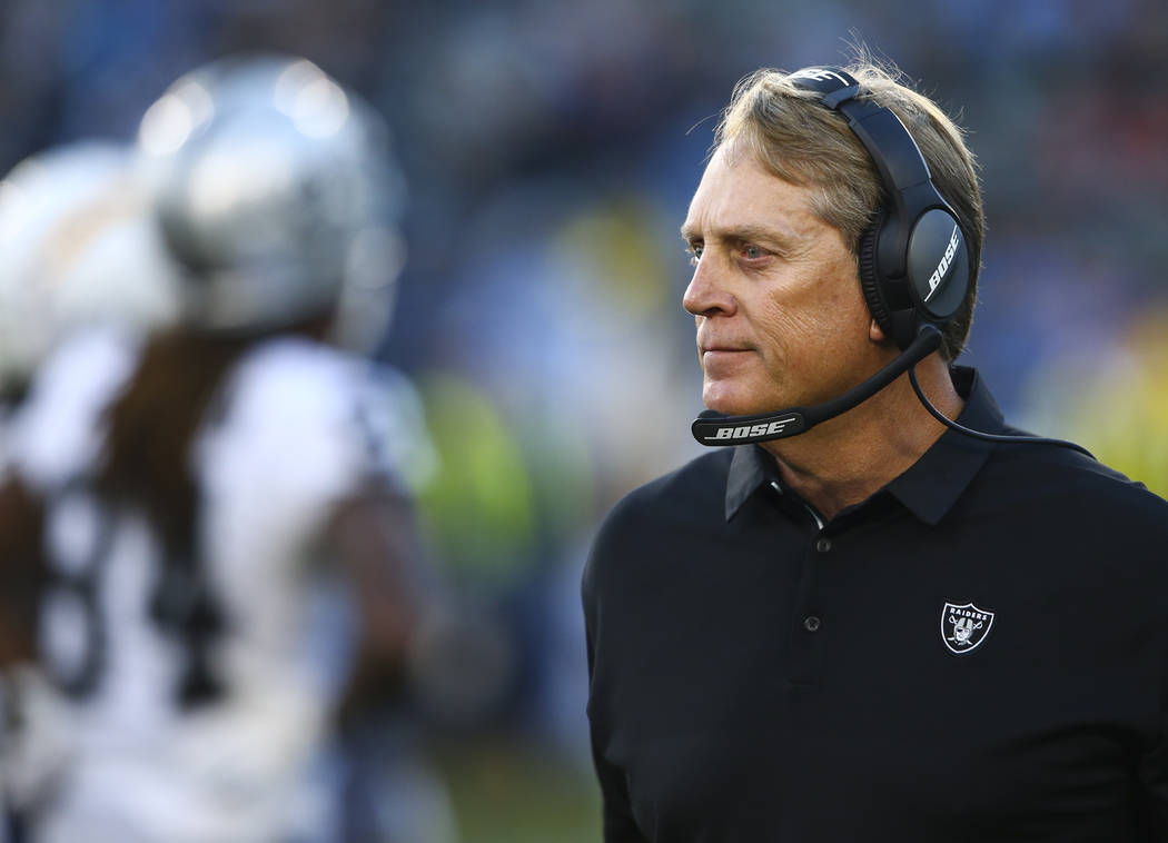 Oakland Raiders head coach Jack Del Rio during an NFL game against the Los Angeles Chargers at ...