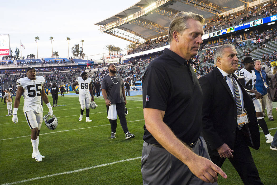 Oakland Raiders head coach Jack Del Rio walks off the field after his final game as head coach ...