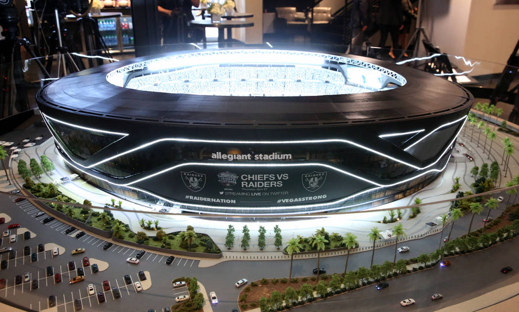 A Raiders Stadium model is displayed during a press conference on Monday, Oct. 14, 2019, in Las ...
