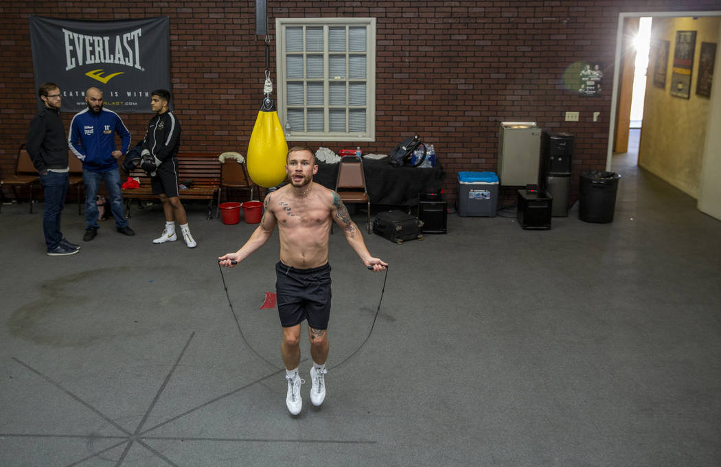 Former two-weight world boxing champion Carl Frampton jumps rope at the Top Rank Gym, Tuesday, ...