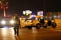 Police investigate a fatal crash on U.S. Highway 95 near Lake Mead Boulevard, Thursday, Nov. 28 ...