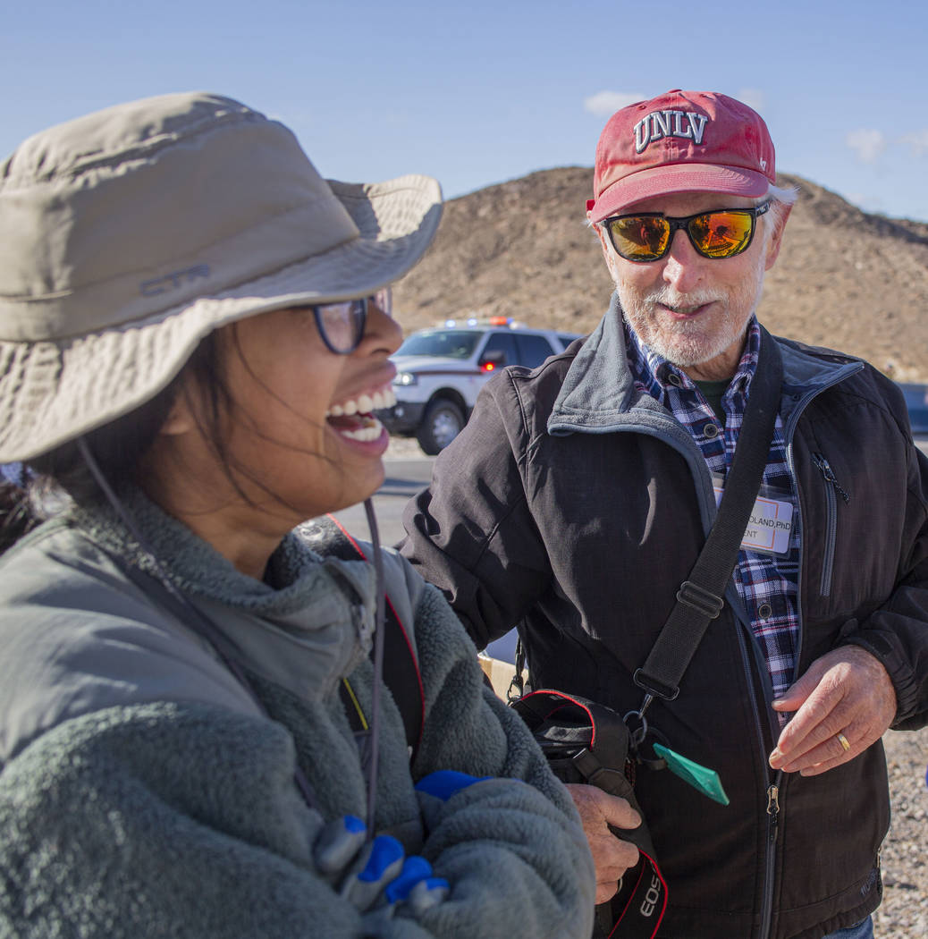 Get Outdoors Nevada volunteer coordinator Trina Franco, left, and UNLV geology Professor Steve ...