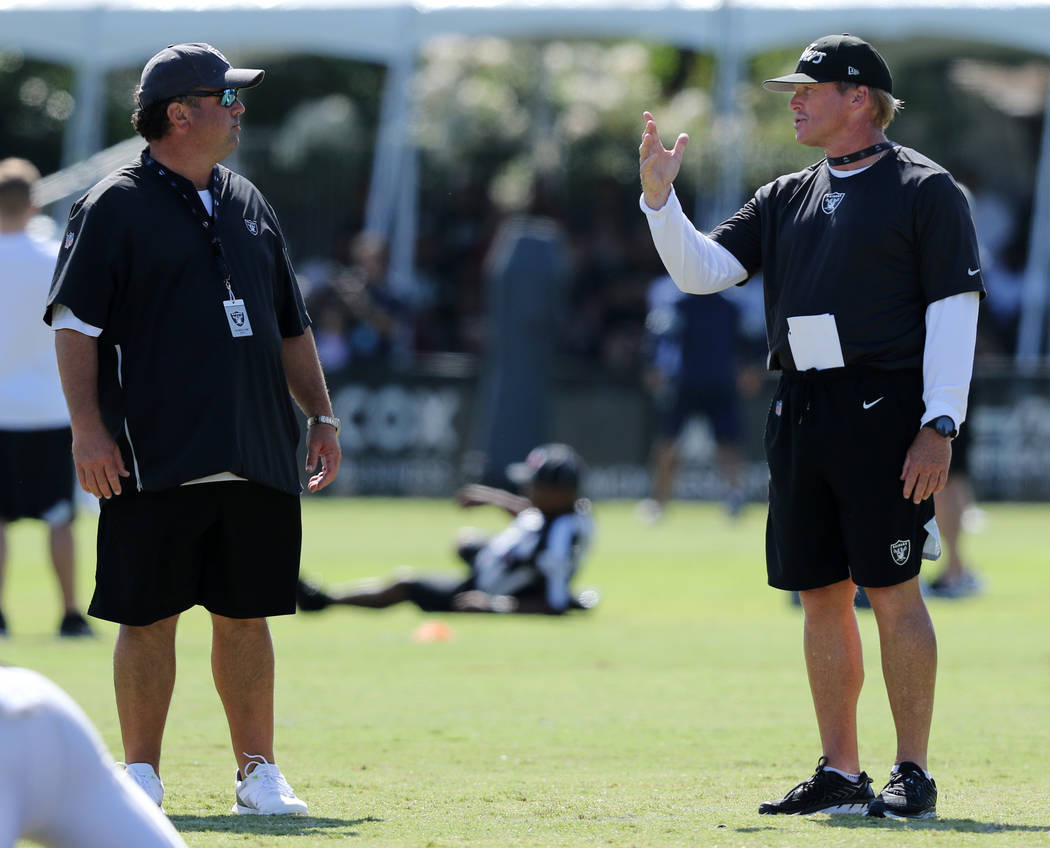 Oakland Raiders defensive coordinator Paul Guenther, left, meets with head coach Jon Gruden dur ...