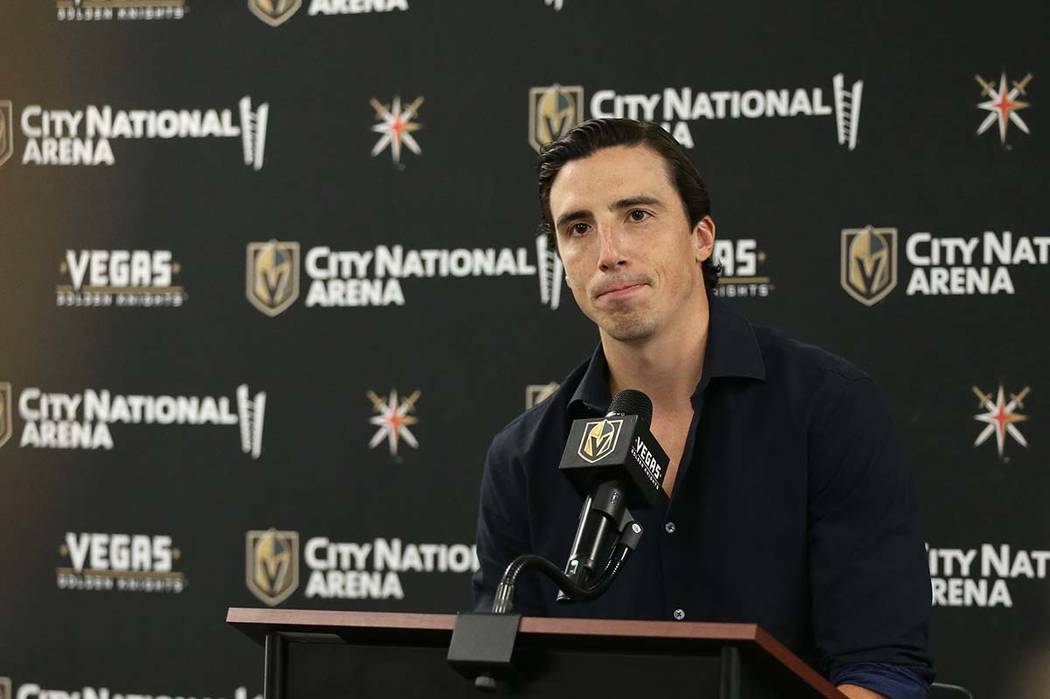 Golden Knights goaltender Marc-Andre Fleury during a press conference at City National Arena in ...