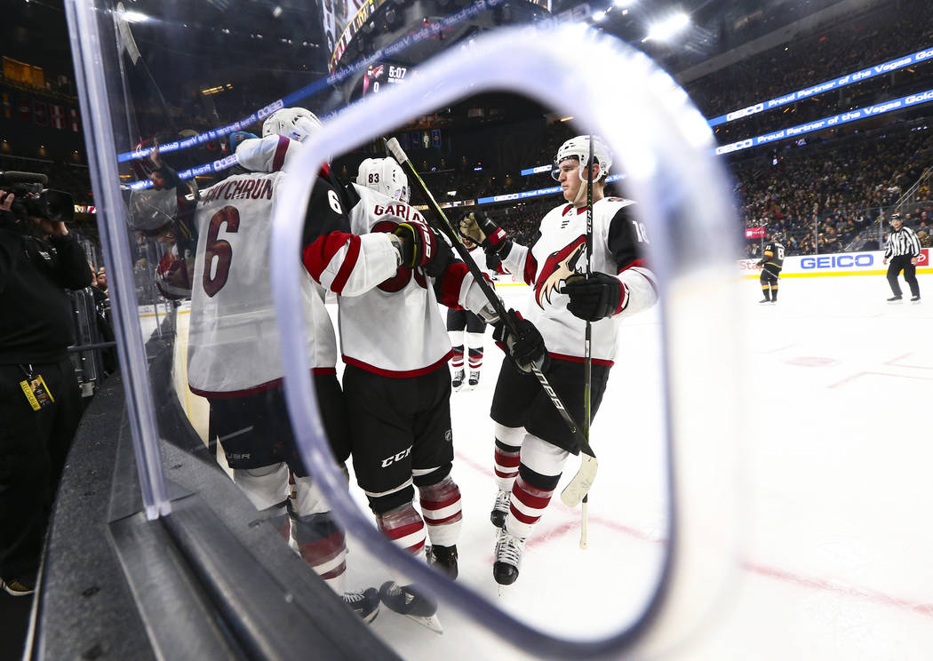 The Arizona Coyotes celebrate after a goal against the Golden Knights during the second period ...