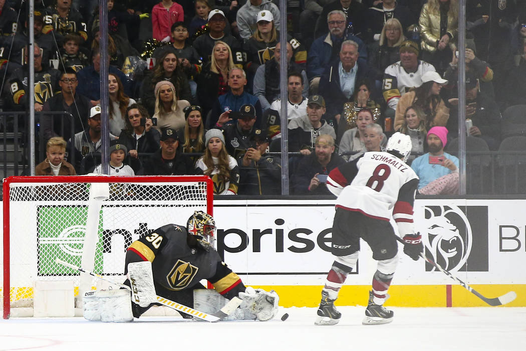Golden Knights goaltender Malcolm Subban (30) blocks a shootout goal attempt by Arizona Coyotes ...