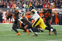 Cleveland Browns quarterback Baker Mayfield (6) plays against Pittsburgh Steelers defensive end ...
