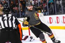 Golden Knights' Alex Tuch (89) celebrates after scoring in a shootout to win the game against t ...