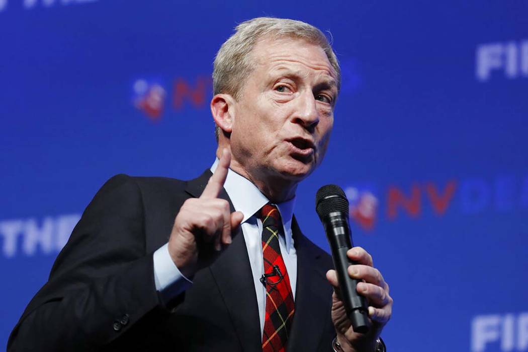 Democratic presidential candidate and businessman Tom Steyer speaks during a fundraiser for the ...