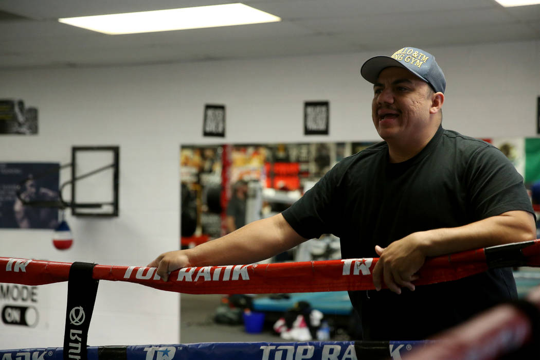 Boxing trainer Jorge Capetillo watches sparring between Devin Haney and Cesar Valenzuela at the ...