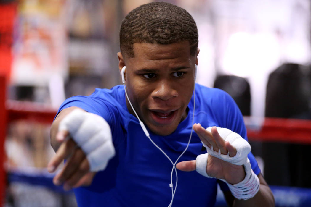 Boxer Devin Haney shadow boxes during a training camp workout at the Capetillo & TM Boxing ...
