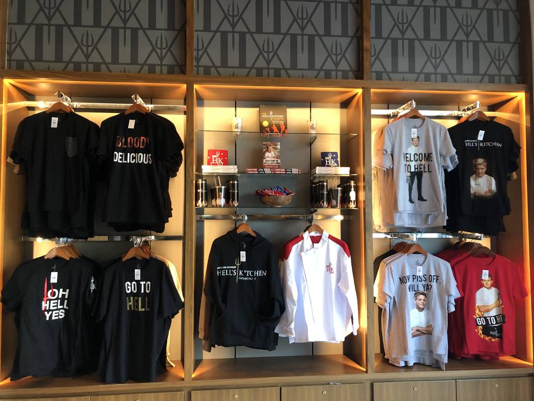 A display of Gordon Ramsay merchandise at Hell’s Kitchen at Caesars