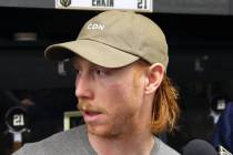 Golden Knights center Cody Eakin addresses the media at City National Arena on Thursday, April ...