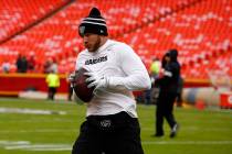Oakland Raiders tight end Foster Moreau catches the football during pregame warmups before an N ...