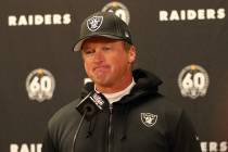 Oakland Raiders head coach Jon Gruden meets with the media after an NFL game against the Kansas ...