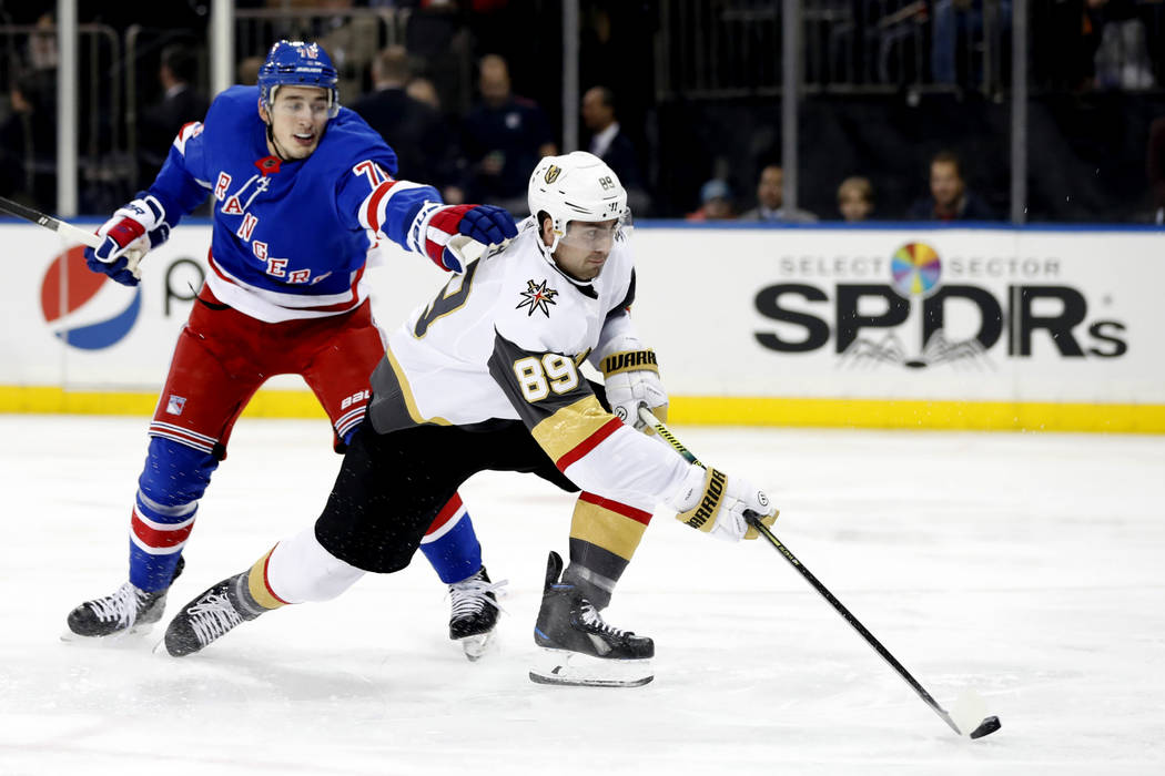 New York Rangers defenseman Brady Skjei (76) cannot stop Vegas Golden Knights right wing Alex T ...