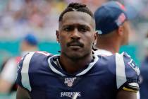 Then New England Patriots wide receiver Antonio Brown (17) on the sidelines,during the first ha ...