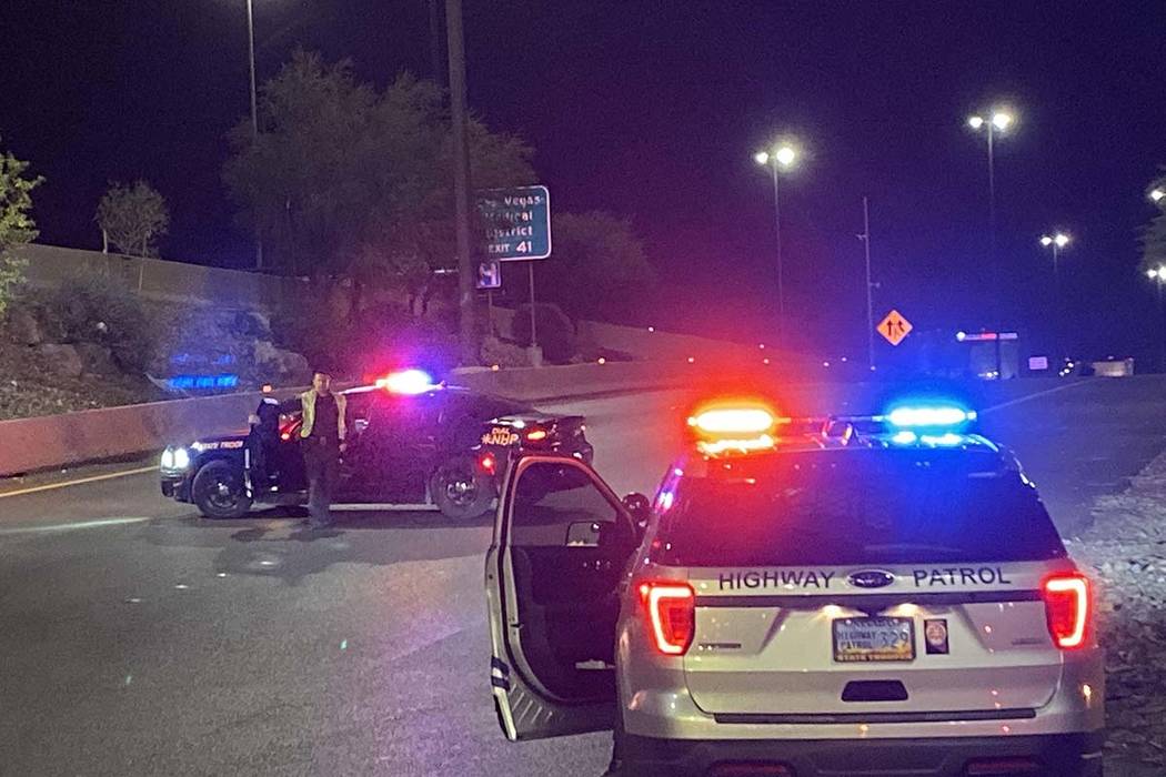 The entrance to Interstate 15 northbound is blocked at Sahara Avenue by Nevada Highway Patrol v ...