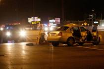 Police investigate a fatal crash on U.S. Highway 95 near Lake Mead Boulevard, Thursday, Nov. 28 ...