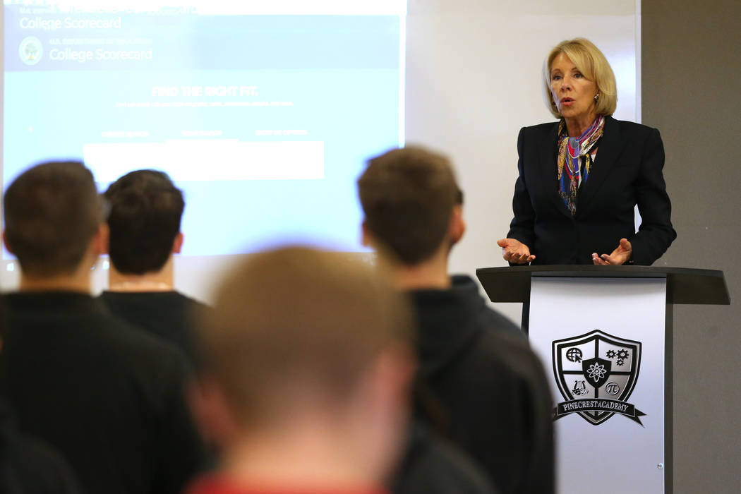 Secretary of Education Betsy DeVos speaks to students during a visit to Pinecrest Academy&#x573 ...