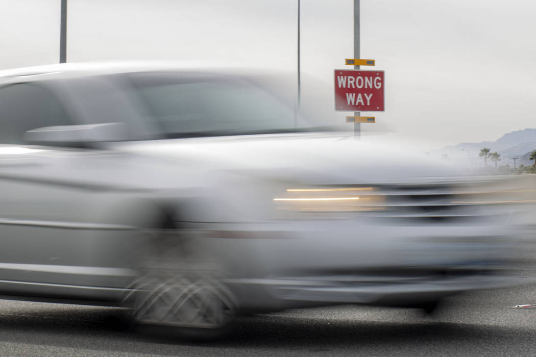 A car passes the Nevada Department of Transportation pilot program to alert wrong way drivers o ...