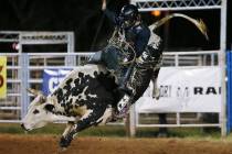PRCA rookie Stetson Wright, of Milford, Utah, shown on July 14, 2017, in Shawnee, Okla., leads ...