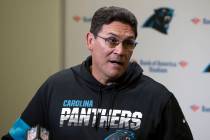 Carolina Panthers head coach Ron Rivera speaks to the media following an NFL football game agai ...
