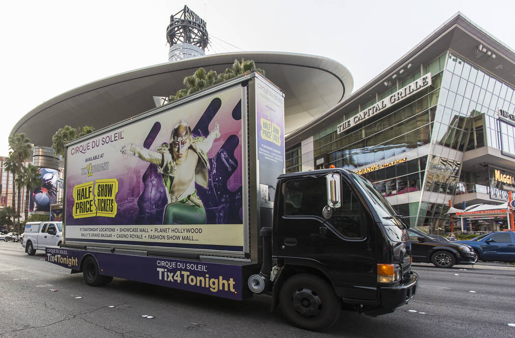 A mobile billboard truck drives on the Strip at on Saturday, Nov. 30, 2019, in Las Vegas. (Benj ...