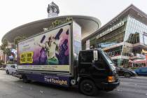 A mobile billboard truck drives on the Strip at on Saturday, Nov. 30, 2019, in Las Vegas. (Benj ...