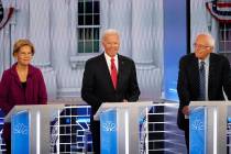From left, Democratic presidential candidates Sen. Elizabeth Warren, D-Mass., former Vice Presi ...
