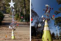 A decorated road cone stands at a pothole Friday, Nov. 29, 2019, in the Edgewood neighborhood o ...
