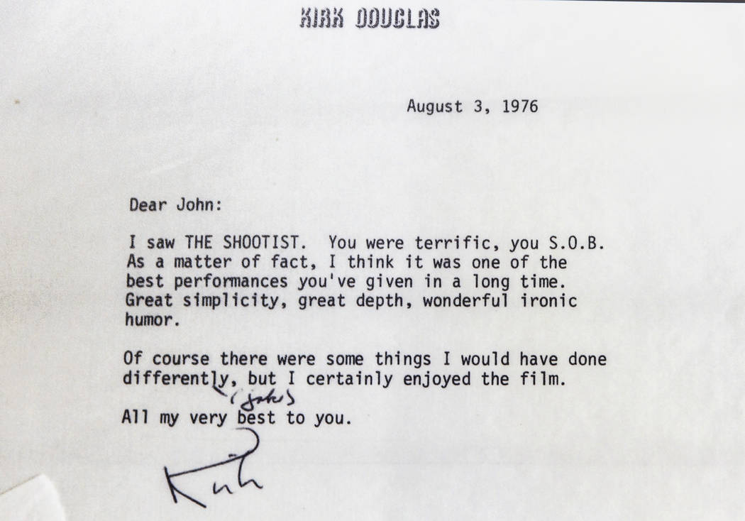 I signed letter from actor Kirk Douglas complimenting film icon John Wayne at the "John Wa ...