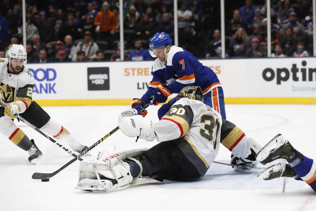 New York Islanders right wing Jordan Eberle (7) tries to get off a shot against Vegas Golden Kn ...